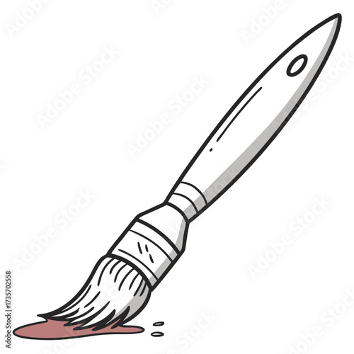 A simple hand drawn illustration of a paint brush with white bristles dipping into a puddle of pink paint