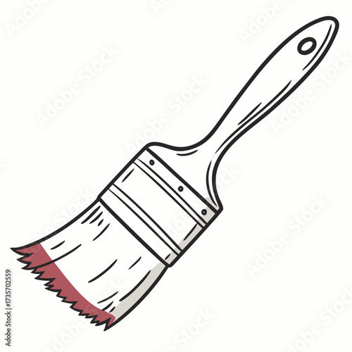 A simple hand drawn illustration of a paintbrush with red paint on its bristles against a white background