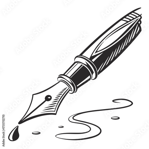 Classic fountain pen with a dripping nib creating ink splatters on a white background