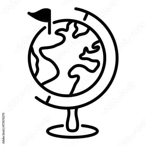 Spinning globe icon with a small flag, symbolizing global travel, exploration, or international connection. Represents worldwide destinations and journeys.