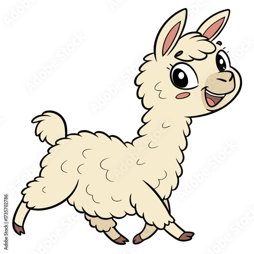 Cute cartoon llama with fluffy wool walking happily with a big smile and rosy cheeks