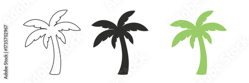 Vector set of three palm trees in different styles: line art, black silhouette, and green silhouette. Perfect for tropical, summer, and vacation-themed designs.