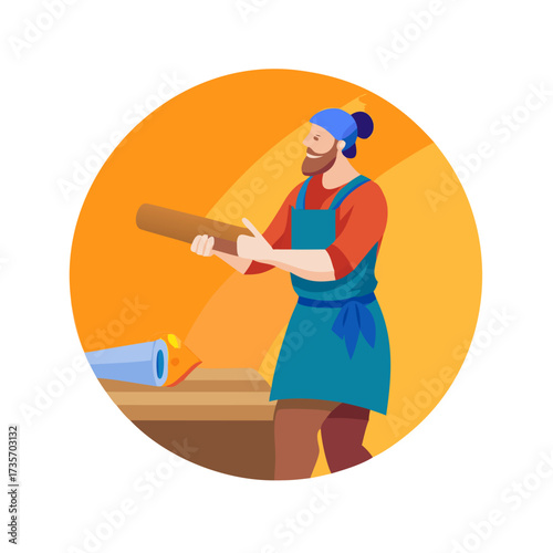 Medieval Carpenter Woodworker Flat Colorful Round Occupation Vector Icon