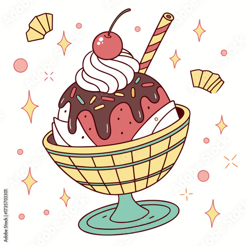 Whimsical illustration of a delicious strawberry ice cream sundae with chocolate sauce and cherry topping