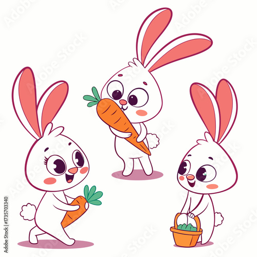Three adorable cartoon white bunnies with pink ears happily interacting with carrots and a basket of eggs