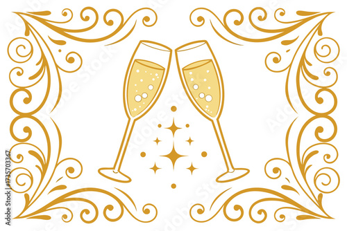 Elegant golden new year greeting card with champagne glasses festive celebration