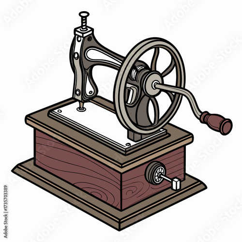 Vintage hand crank sewing machine with a wooden base and intricate metal details isolated on white background