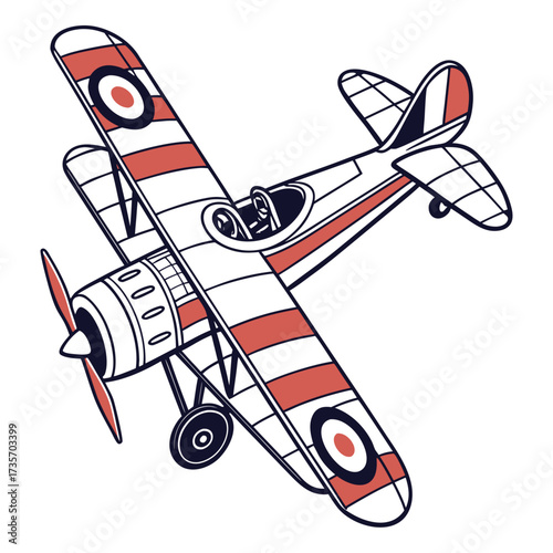 Vintage biplane with red and white stripes and roundel insignia flying against a white background