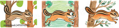 Chipmunk cartoon illustrations, jumping squirrel artwork, forest animal drawings, playful wildlife vector, children’s book design, nature background graphics