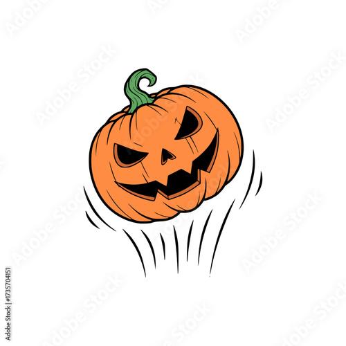 A spooky jack-o'-lantern with a grinning face, carved for Halloween, appears to be jumping or bouncing with excitement