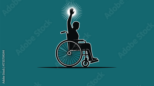 Empowered man in wheelchair raising his hand in triumph and hope, representing diversity and inclusion with a bright future ahead for all