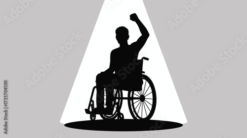 Empowering silhouette of a man in wheelchair raising fist in solidarity, symbolizing strength, achievement, and disability awareness under bright spotlight