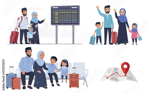 Muslim Families Traveling with Luggage and Airport Information Board Illustration.