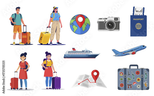 Diverse Travel Elements Depicting Vacation Exploration and Global Adventures.