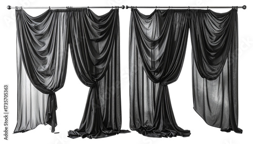 Two sets of white curtains are hung on a silver rod against a white backdrop