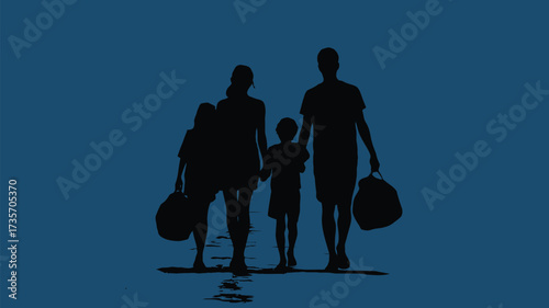 Striking silhouette of family walking together with bags against a solid backdrop, evokes togetherness and journeys, perfect for travel or family themes