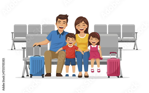 Joyful Family Awaits Departure at Airport Terminal.