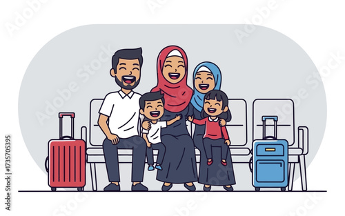 Joyful Muslim Family Awaits Departure at Airport.