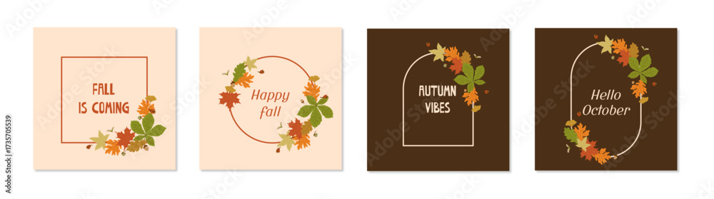 Couronnes et étiquettes d'automne avec feuilles d'automne colorées. Éléments vectoriels pour cartes de vœux, autocollants, invitations, marketing saisonniers