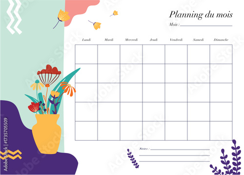 Modele planning mensuel pour organiser l'année 2026. Agenda mensuel en français début le lundi, notes Illustrations florales et conception vectorielle.