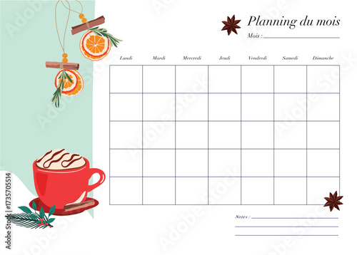  Calendrier mural mensuel, illustration d'hiver pour planifier le quotidien. Journal, calendrier de papeterie, organiseur, modèle avec espace pour notes personnelles, illustration vectorielle.