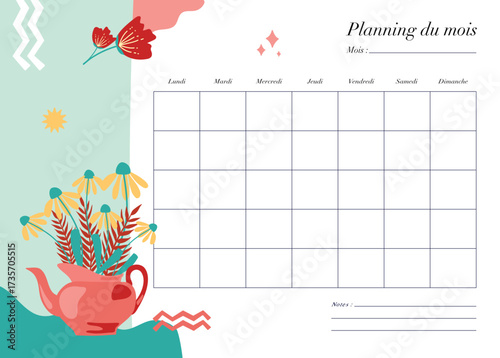 Calendrier mensuel vierge, pour planifier et prendre des notes, organisez votre vie avec un modèle moderne et coloré