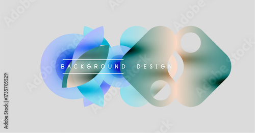 Abstract shapes overlap, creating colorful translucent layers. Light blues, oranges, greens blend softly on gray backdrop. Modern design element.