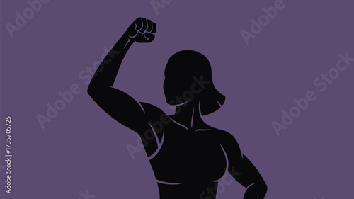 Empowered woman flexing muscles, celebrating strength and resilience in bold silhouette against a modern purple background for fitness campaigns