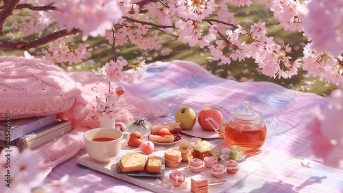 pastel picnic blanket under a cherry blossom tree, tea set, fruit, and small pastries.