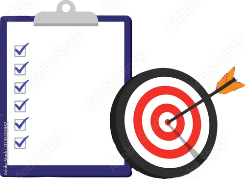 Illustration of checklist and dartboard with arrow hitting bullseye isolated on white background