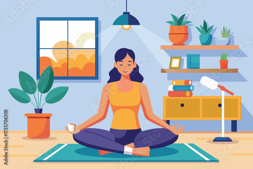 Woman practicing yoga meditation indoors peaceful home scene calm relaxation wellness lifestyle