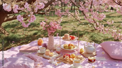 pastel picnic blanket under a cherry blossom tree, tea set, fruit, and small pastries.