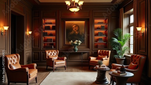 Elegant library lounge with leather chairs.