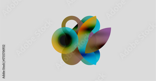 Abstract colorful shapes overlap, creating dynamic visual composition. Soft gradients blend hues, forming fluid forms. Minimalist background enhances focus.