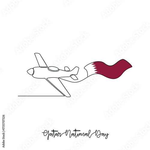 One continuous line drawing of Qatar National Day with airplane and flag illustration. Qatar National Day theme vector design concept in simple linear style. Great design for national holiday campaign