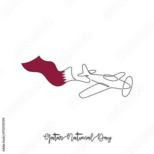 One continuous line drawing of Qatar National Day with airplane and flag illustration. Qatar National Day theme vector design concept in simple linear style. Great design for national holiday campaign