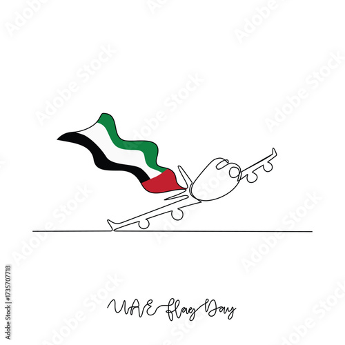 One continuous line drawing of UAE National Flag Day with airplane illustration. UAE National Flag Day theme design concept in simple linear continuous line. Great design for national holiday campaign