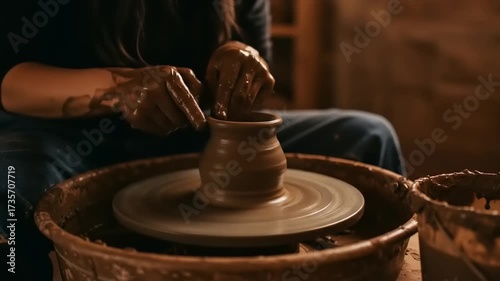 Artisan creating a clay pot on a pottery wheel in a rustic workshop surrounded by tools and materials