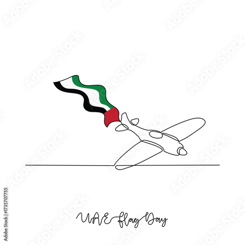 One continuous line drawing of UAE National Flag Day with airplane illustration. UAE National Flag Day theme design concept in simple linear continuous line. Great design for national holiday campaign