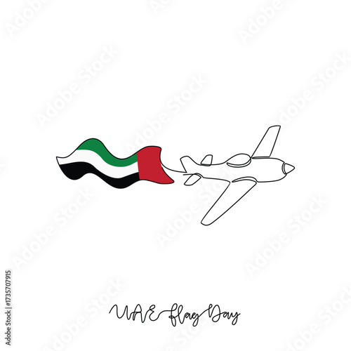 One continuous line drawing of UAE National Flag Day with airplane illustration. UAE National Flag Day theme design concept in simple linear continuous line. Great design for national holiday campaign