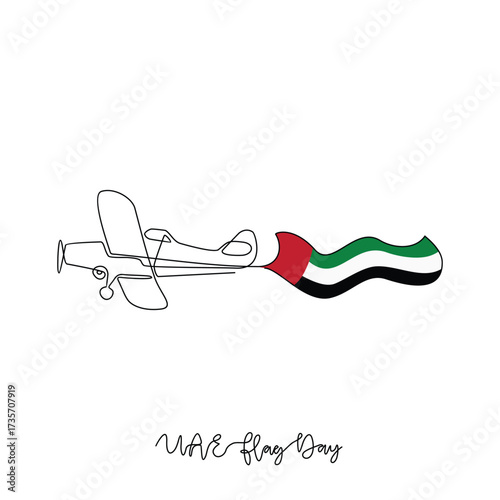 One continuous line drawing of UAE National Flag Day with airplane illustration. UAE National Flag Day theme design concept in simple linear continuous line. Great design for national holiday campaign