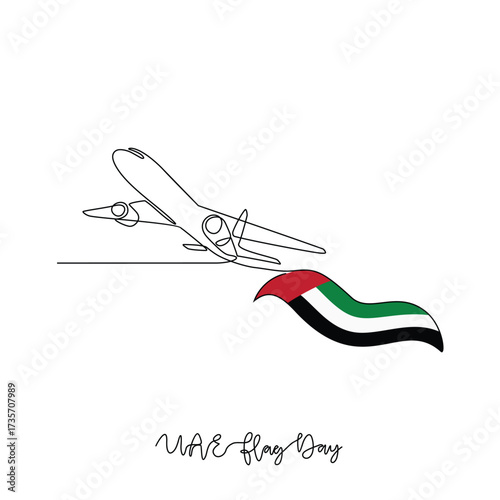 One continuous line drawing of UAE National Flag Day with airplane illustration. UAE National Flag Day theme design concept in simple linear continuous line. Great design for national holiday campaign