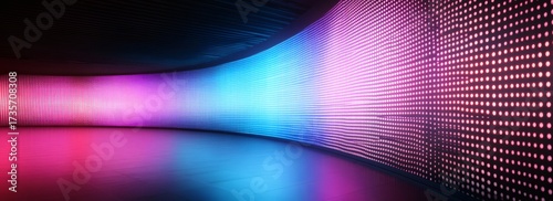 Authentic concave LED display for a wall or platform. Large TV display depicted in a vector illustration with neon blue and purple dot lights. Stadium digital scoreboard with diode lights,

