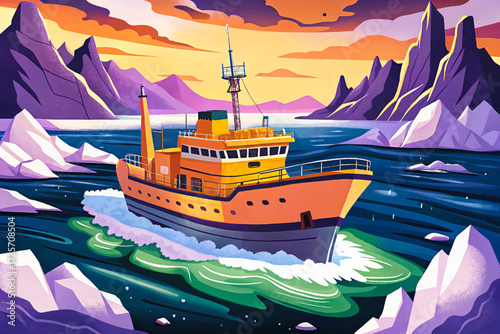 "Orange ship navigating through icy waters, showcasing a powerful and resilient design, illustrated in professional high-quality vector style, perfect for stock imagery, maritime themes