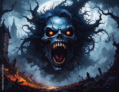 Screaming ghoul head amidst a graveyard