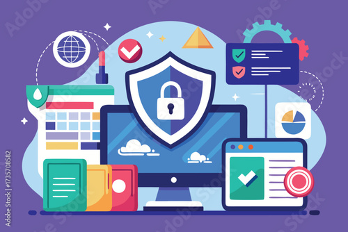 Digital data security and cyber protection concepts with computer and devices