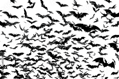 Bats are depicted flying in a group, dispersed diagonally against a plain white background, producing a dynamic swarm effect.