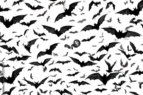 Bats are depicted flying in a group, dispersed diagonally against a plain white background, producing a dynamic swarm effect.