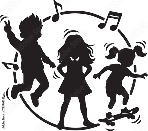 Kids Dancing and Playing Icon Youth Music and Active Fun Silhouette