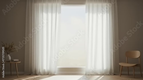 Bright and airy living room with sheer curtains framing a large window and a minimalist decor